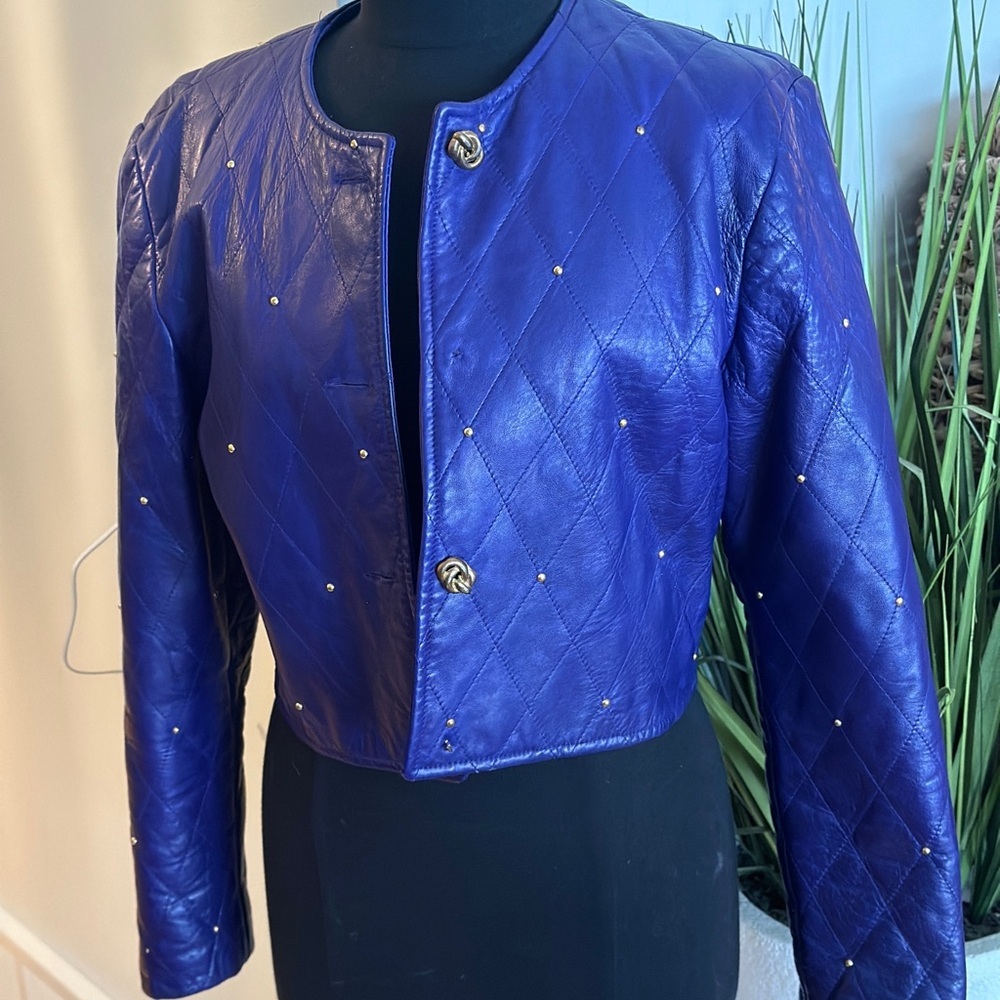 Vintage Danier Leather Royal Blue Quilted Bomber Jacket - Large